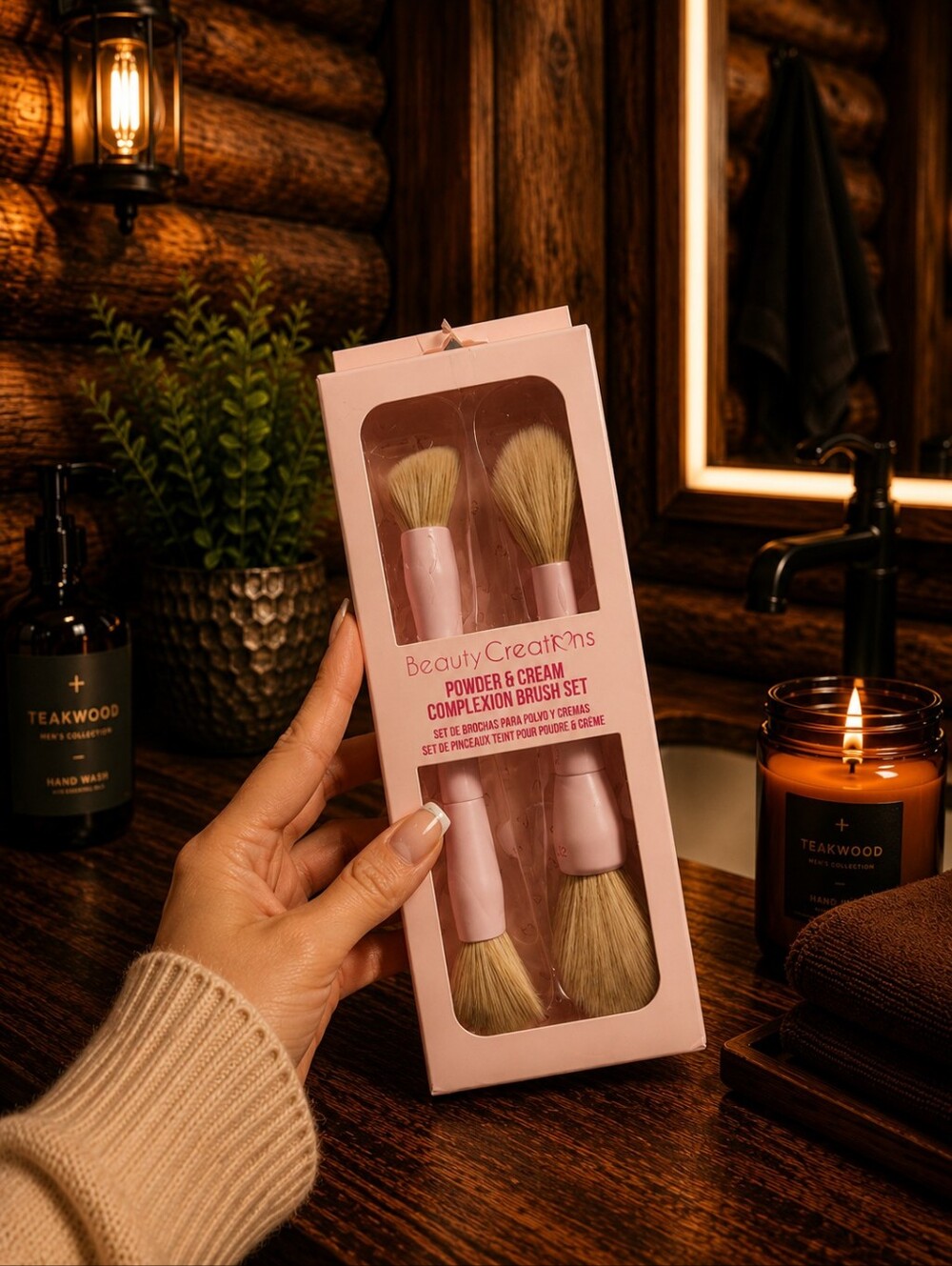Beauty Creations Pink Powder & Cream Complexion Brush Set - Light Pink Handles